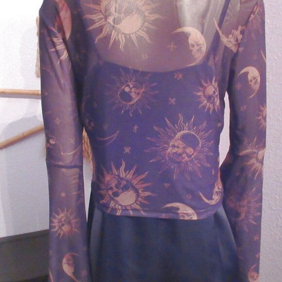 Cosmic Sheer Mesh Sun & Moon Skull Crop Top Size M Celestial Goth Witchy Emo Y2K - Picture 10 of 11